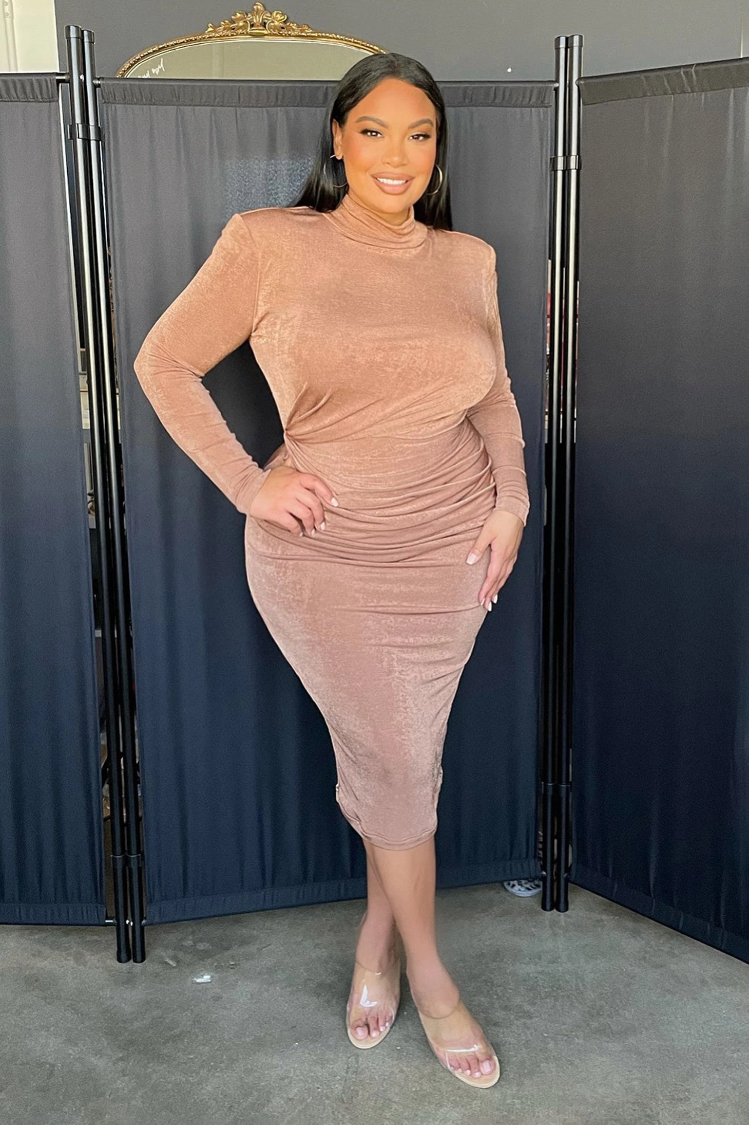 Tan Kara Mock Neck Dress 3 Tan Kara Mock Neck Dress