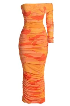 Orange Capri Ruched Dress -Jluxlabel Dress Shop DJL30470BS ORANGE