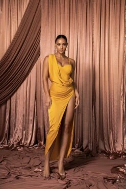 Yellow Kristiana Slit Dress -Jluxlabel Dress Shop HOLIDAY2022 PART1 53