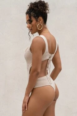 Taupe/White Deana Ribbed Bodysuit -Jluxlabel Dress Shop PRODUCT AUG222022 KNITS 46