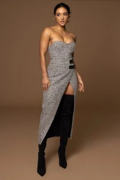 Lt. Grey Gisele Tweed Slit Skirt 23 Lt. Grey Gisele Tweed Slit Skirt -Jluxlabel Dress Shop PRODUCT DEC302022 WINTER 1
