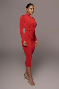 Red Kara Mock Neck Dress -Jluxlabel Dress Shop PRODUCT JAN102022 324