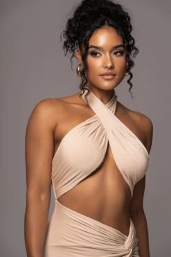 Tan Tamara Halter Midi Dress -Jluxlabel Dress Shop PRODUCT JUL112023 CHIFFON 142