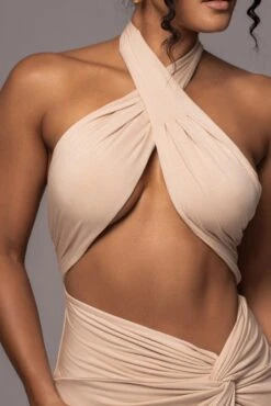Tan Tamara Halter Midi Dress -Jluxlabel Dress Shop PRODUCT JUL112023 CHIFFON 143