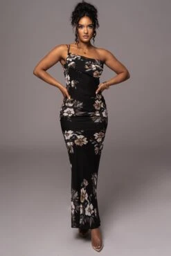 Grey Floral Treasure One Shoulder Dress -Jluxlabel Dress Shop PRODUCT JUL112023 CHIFFON 38