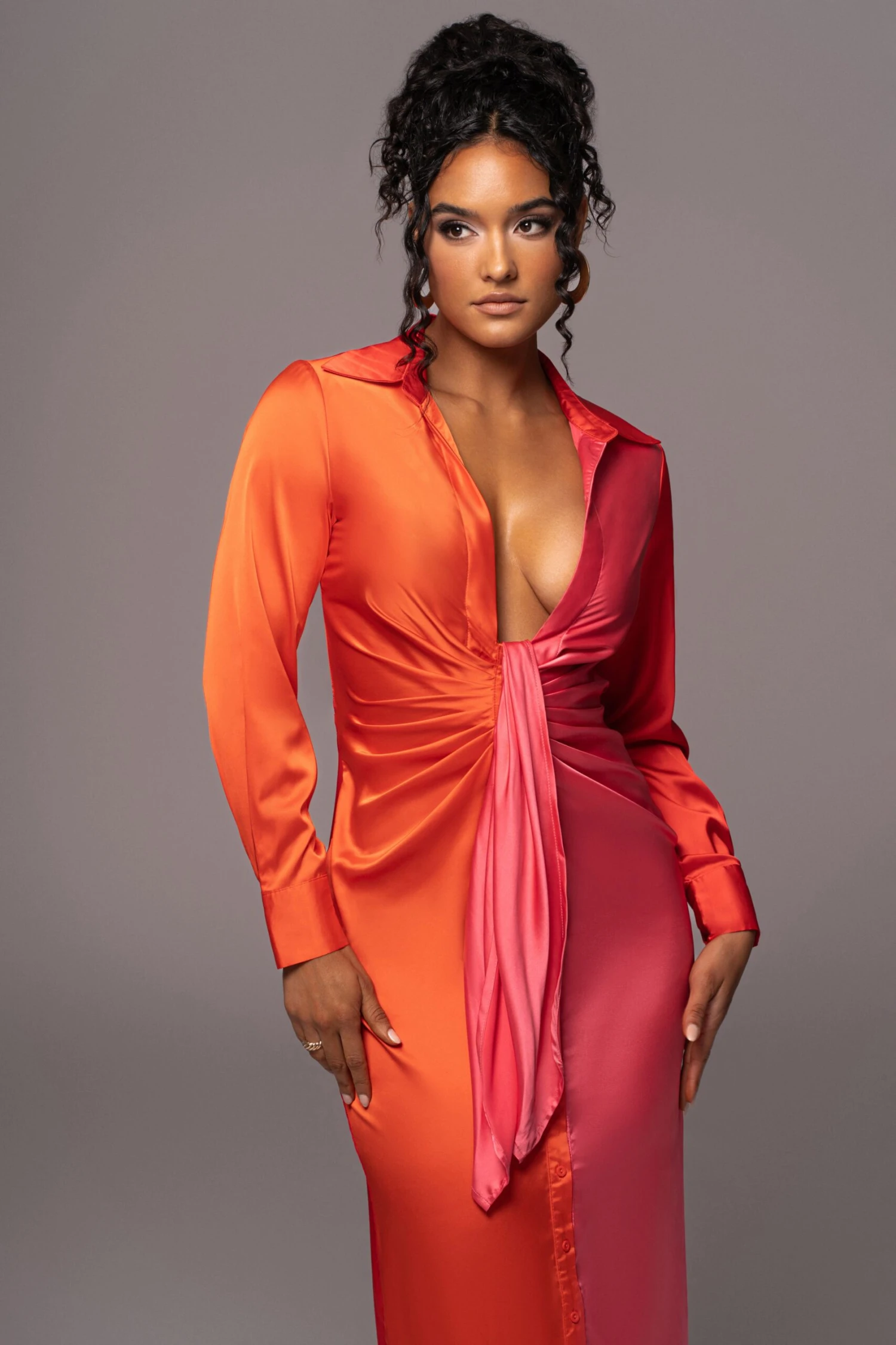 Pink Color Block Satin Midi Dress 4 Pink Color Block Satin Midi Dress - Image 2