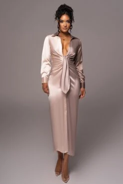 Taupe Color Block Satin Midi Dress -Jluxlabel Dress Shop PRODUCT JUL112023 NEWARRIVALS 155