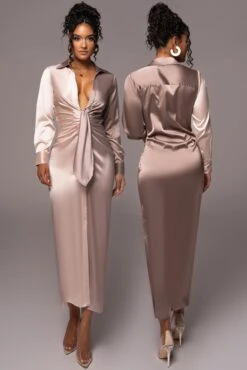 Taupe Color Block Satin Midi Dress