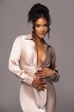 Taupe Color Block Satin Midi Dress -Jluxlabel Dress Shop PRODUCT JUL112023 NEWARRIVALS 161