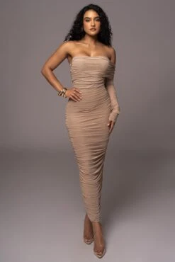 Tan Denise Ruched Dress -Jluxlabel Dress Shop PRODUCT JUL192023 NEWRESHOOTS 104