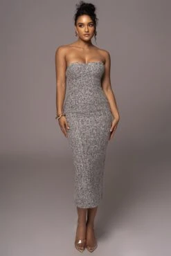 Lt. Grey Royal Tweed Midi Dress -Jluxlabel Dress Shop PRODUCT JUL262023 AUGDROP12 160