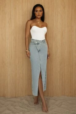 Medium Wash Denim Nila Front Slit Skirt -Jluxlabel Dress Shop PRODUCT JUL52023 CROCHET2 107