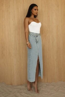 Medium Wash Denim Nila Front Slit Skirt -Jluxlabel Dress Shop PRODUCT JUL52023 CROCHET2 108