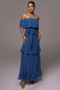 Blue Marsela Off-Shoulder Linen Maxi Dress -Jluxlabel Dress Shop PRODUCT JUNE72023 JUNEDROP1 23