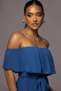 Blue Marsela Off-Shoulder Linen Maxi Dress -Jluxlabel Dress Shop PRODUCT JUNE72023 JUNEDROP1 30