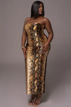 Gold Bianca Snakeskin Slit Dress -Jluxlabel Dress Shop PRODUCT MAY112023 64