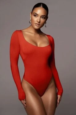 Jluxbasix Red Bethie Scoop Long Sleeve Bodysuit