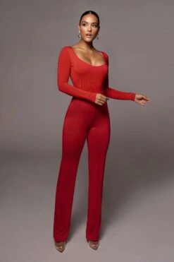 Jluxbasix Red Bethie Scoop Long Sleeve Bodysuit -Jluxlabel Dress Shop PRODUCT NOV42020 893