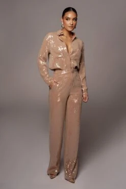 Tan Baguette Sequin Button Up -Jluxlabel Dress Shop VDAY2021 PRODUCT 203