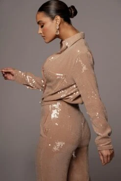 Tan Baguette Sequin Button Up -Jluxlabel Dress Shop VDAY2021 PRODUCT 208