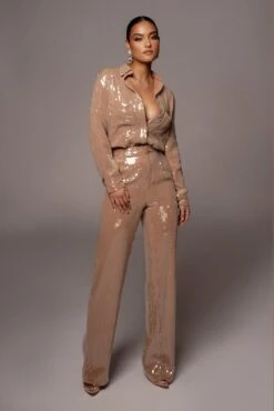 Tan Baguette Sequin Button Up -Jluxlabel Dress Shop VDAY2021 PRODUCT 209